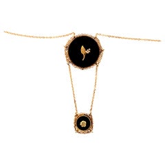 Vintage Victorian Onyx Pearl Necklace Double Pendant 14K Yellow Gold Antique Dec