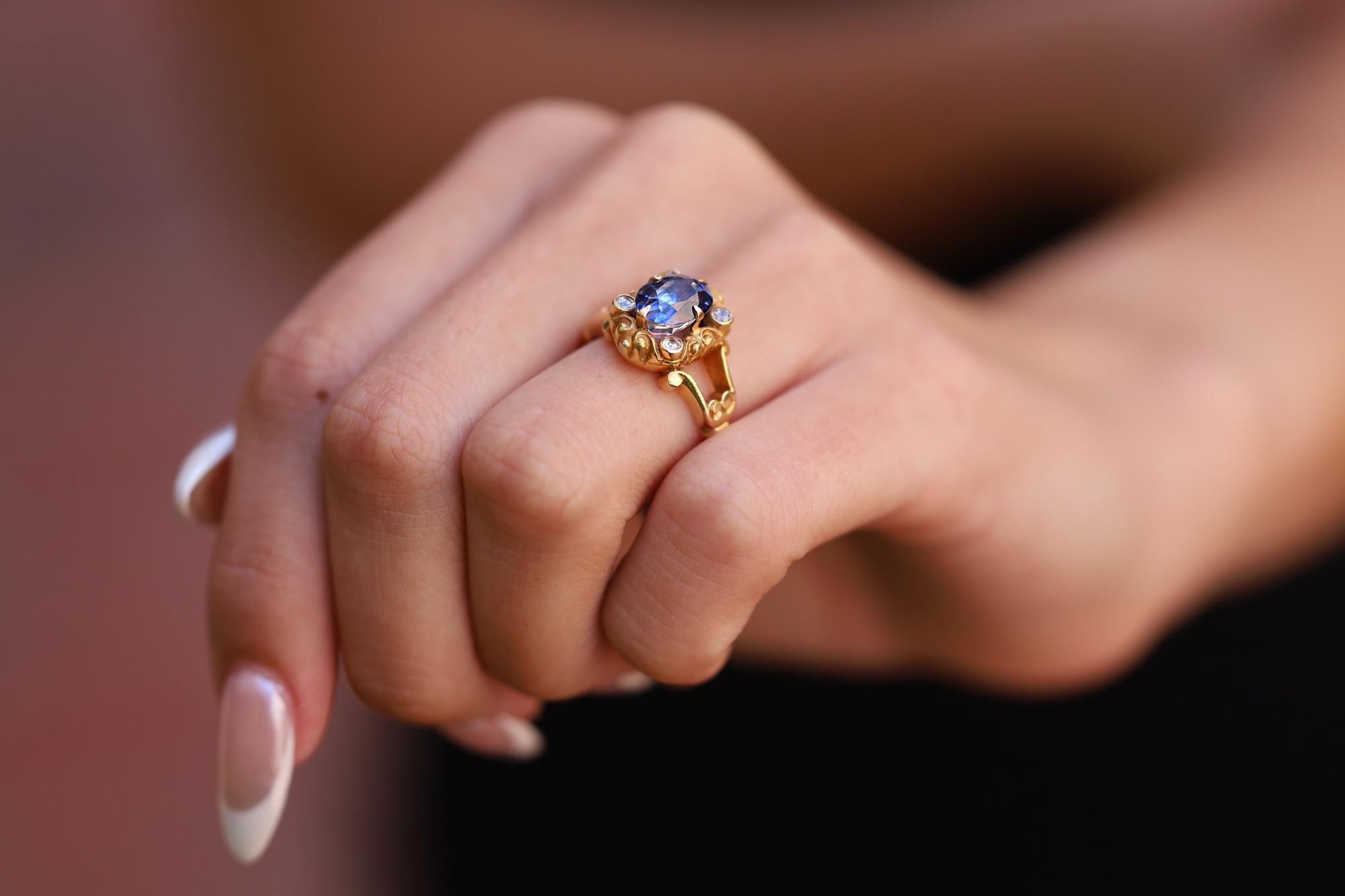 Oval Cut Vintage Victorian Oval Blue Sapphire Yellow Gold Filigree Engagement Ring For Sale