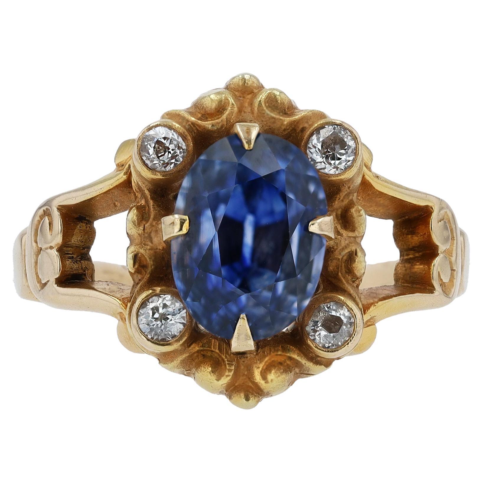 Vintage Victorian Oval Blue Sapphire Yellow Gold Filigree Engagement Ring For Sale