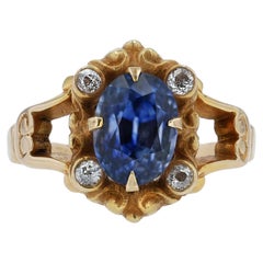 Bague de fiançailles vintage victorienne filigrane en or jaune avec saphir bleu ovale