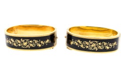Vintage Victorian Pair of 14 Karat Gold Black Enamel Mourning Bangles