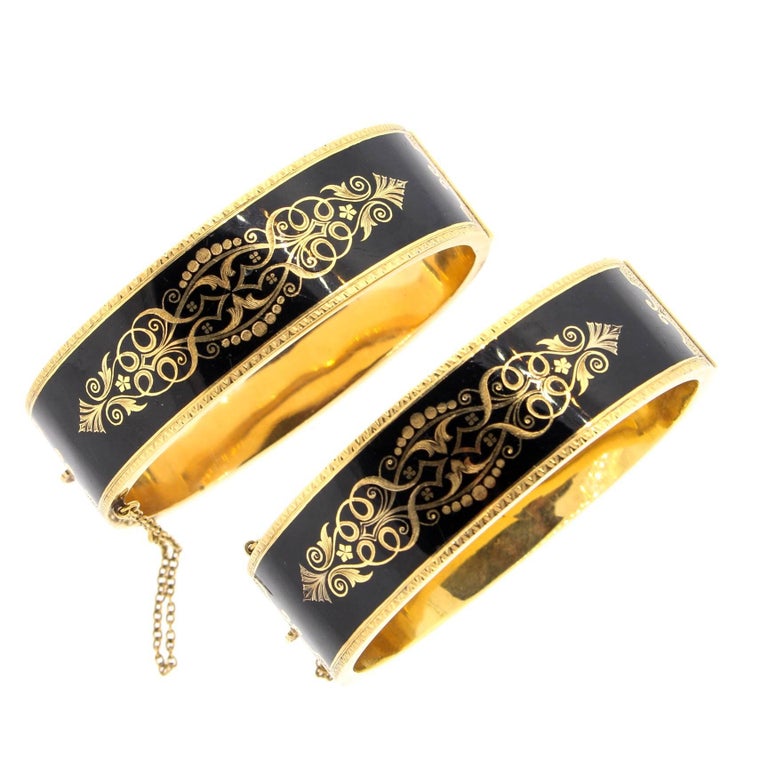 Pair of Matching Antique Victorian Enamel 14K Gold Bangle Bracelets at