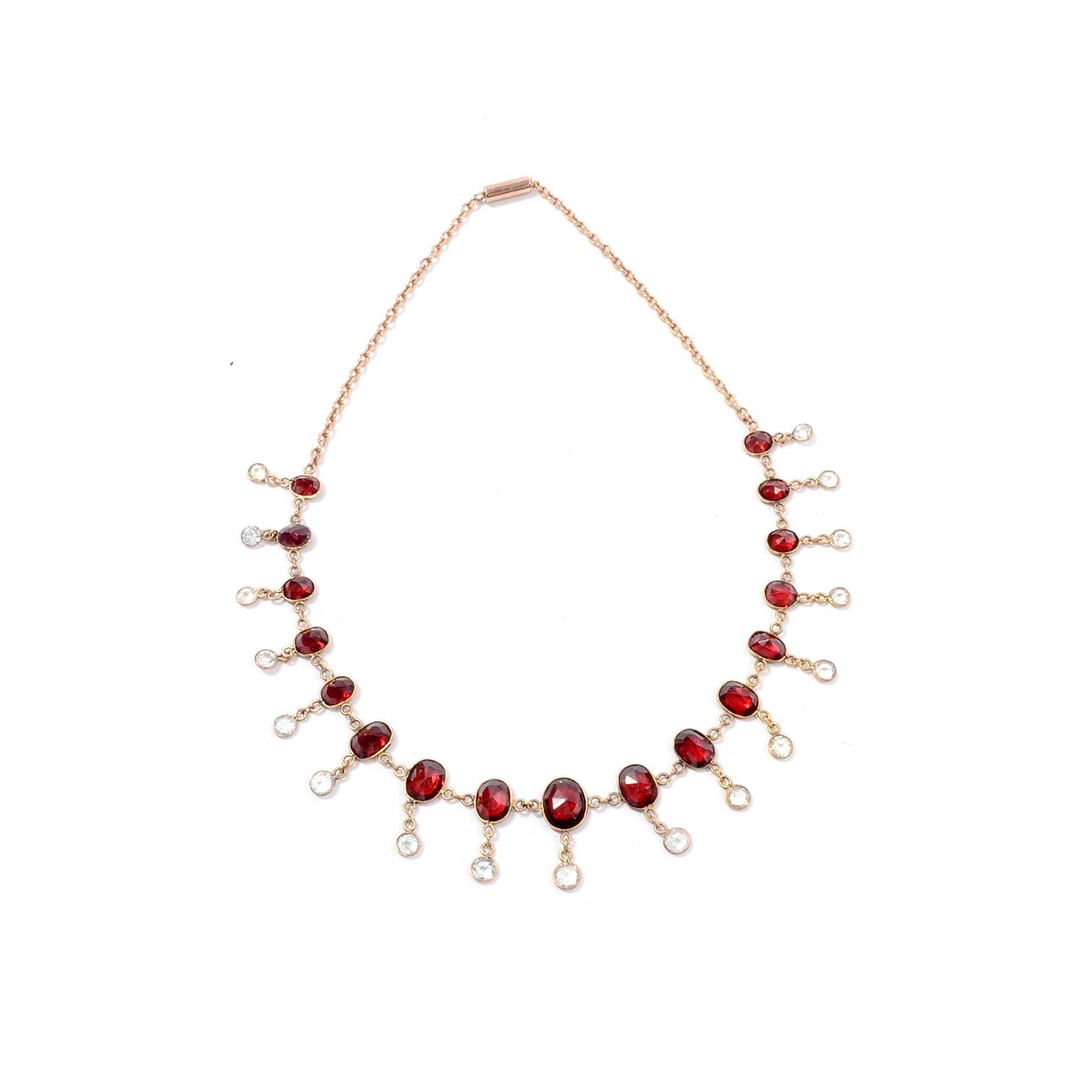 Vintage Victorian  Red Oval Garnet and Clear Crystal Gold Fringe Choker Necklace 1