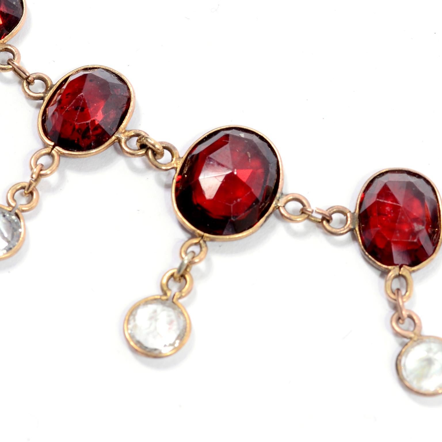Edwardian Vintage Victorian  Red Oval Garnet and Clear Crystal Gold Fringe Choker Necklace