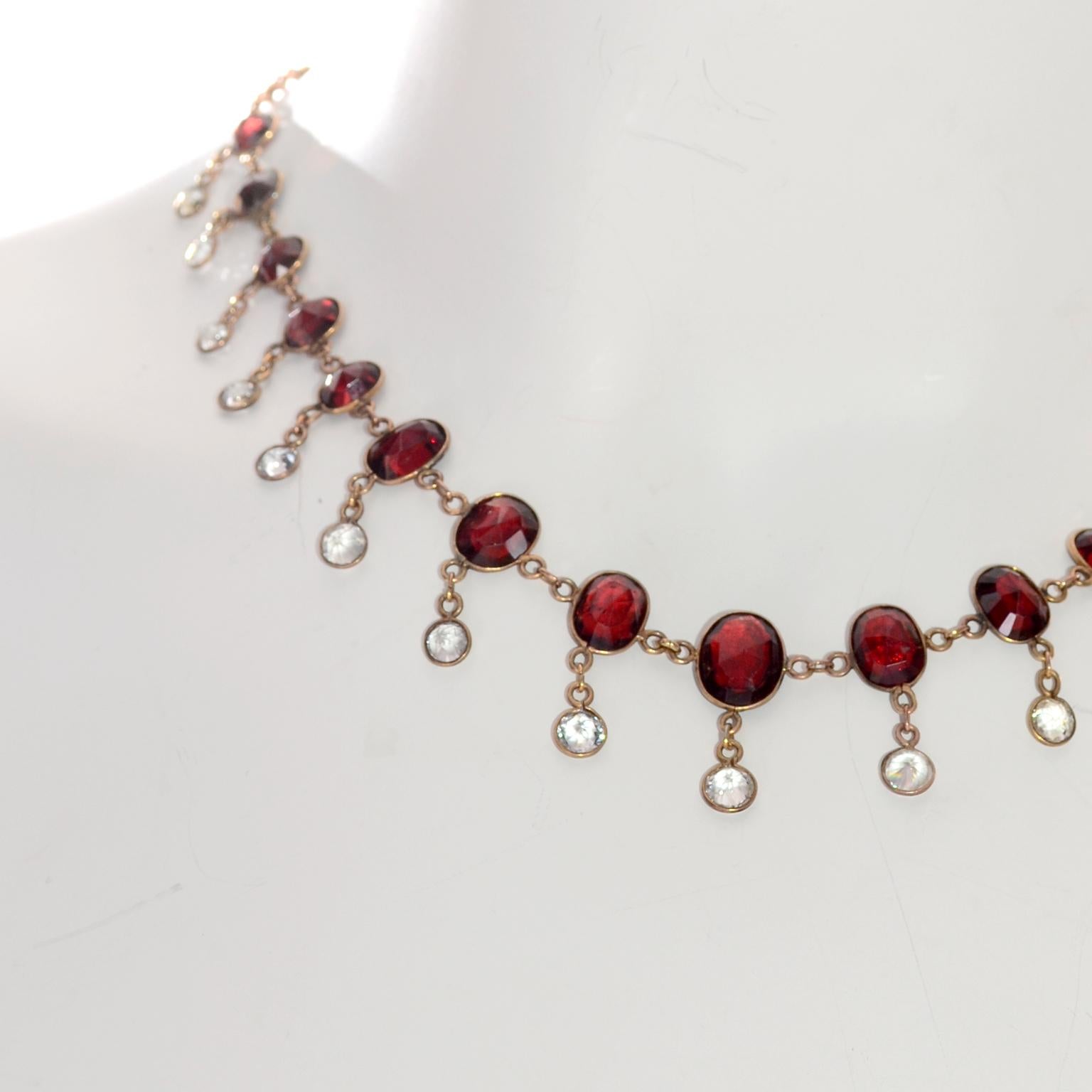 Vintage Victorian  Red Oval Garnet and Clear Crystal Gold Fringe Choker Necklace In Good Condition In Portland, OR