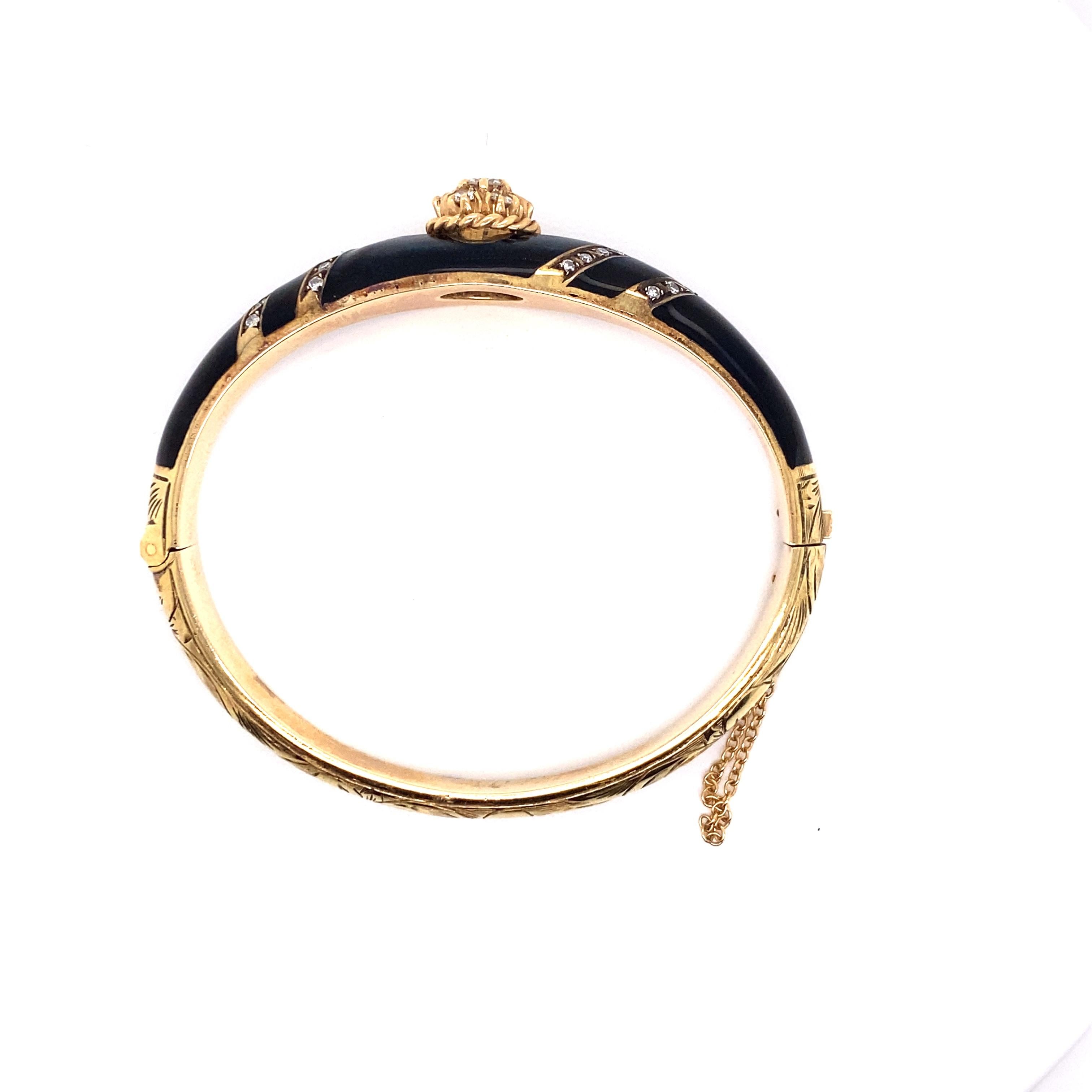 Late Victorian Vintage Victorian Reproduction 14k Yellow Gold Onyx and Diamond Bangle For Sale