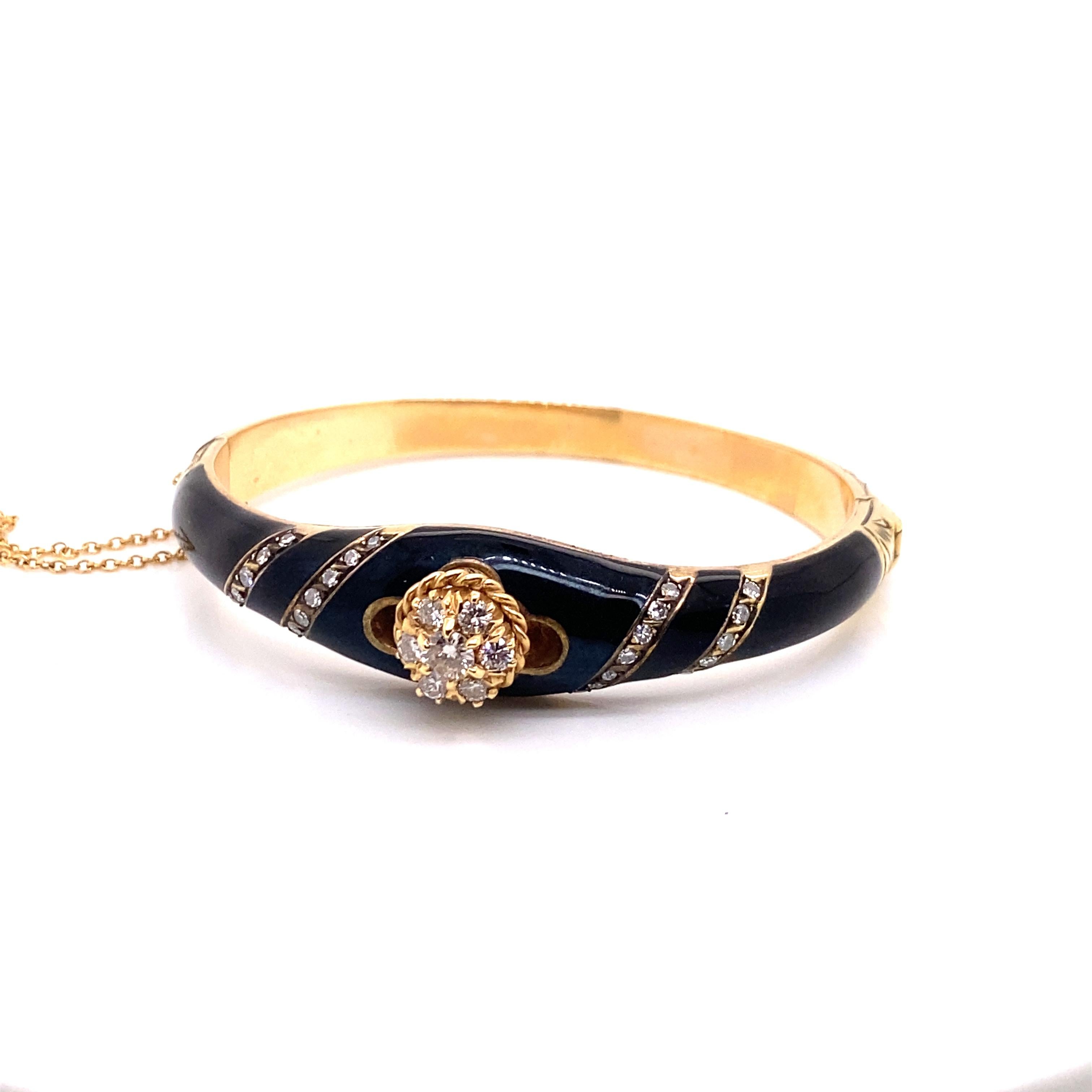 Brilliant Cut Vintage Victorian Reproduction 14k Yellow Gold Onyx and Diamond Bangle For Sale