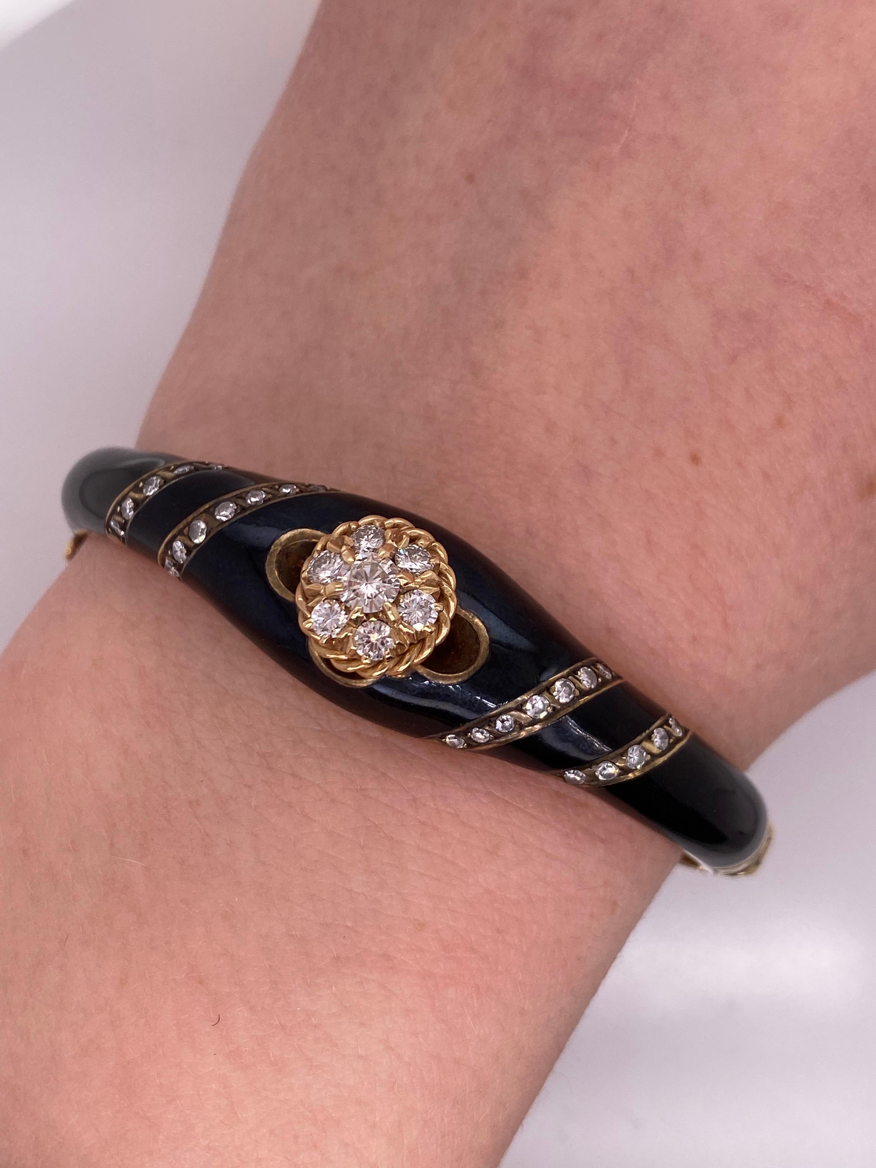 Vintage Victorian Reproduction 14k Yellow Gold Onyx and Diamond Bangle In Good Condition For Sale In Boston, MA