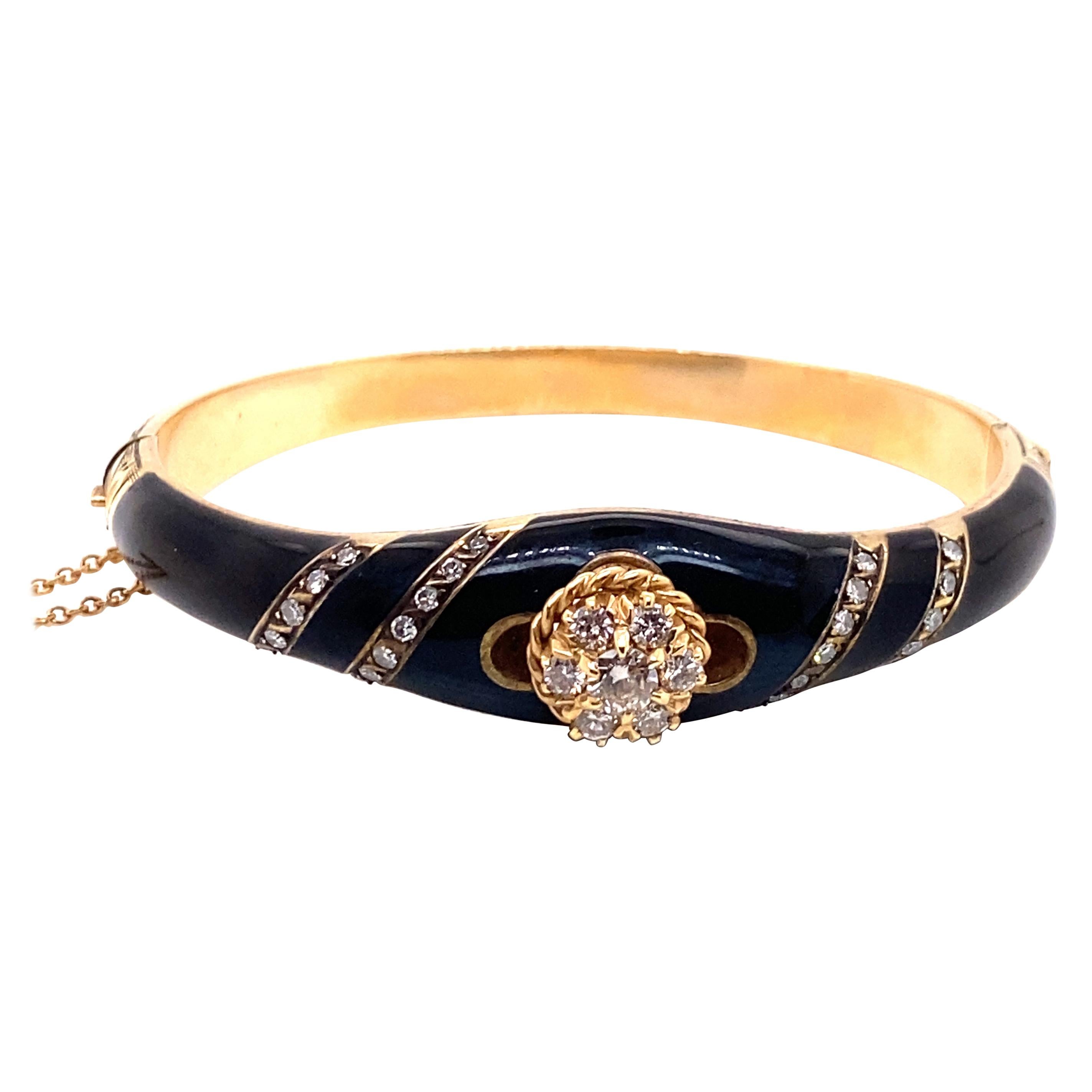 Vintage Victorian Reproduction 14k Yellow Gold Onyx and Diamond Bangle For Sale