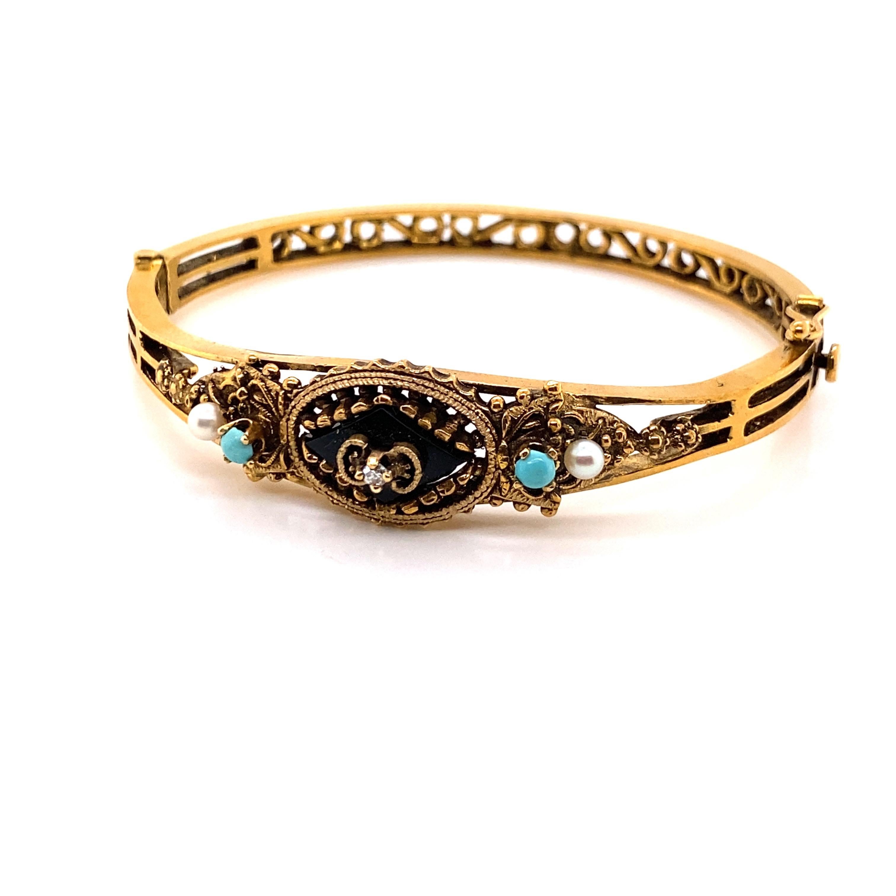 Vintage Victorian Reproduction Bangle Bracelet with Onyx, Turquoise and Pearl - The width of the bangle on top is 14mm and tapers down to 5mm on the bottom. The inside diameter is 1.9 inches high and 2.25 inches wide. There is a 2mm single cut