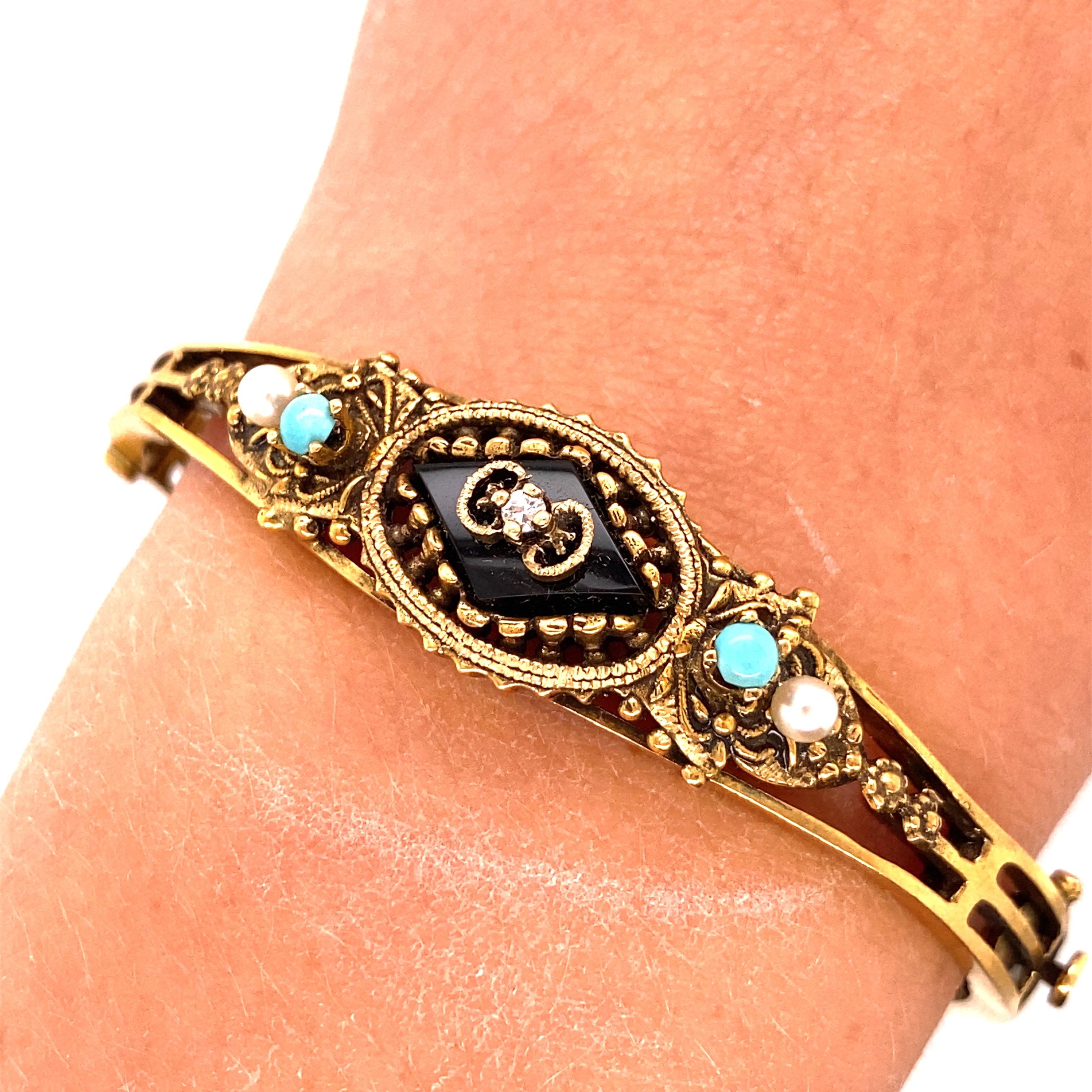 Round Cut Vintage Victorian Reproduction Bangle Bracelet with Onyx, Turquoise and Pearl For Sale
