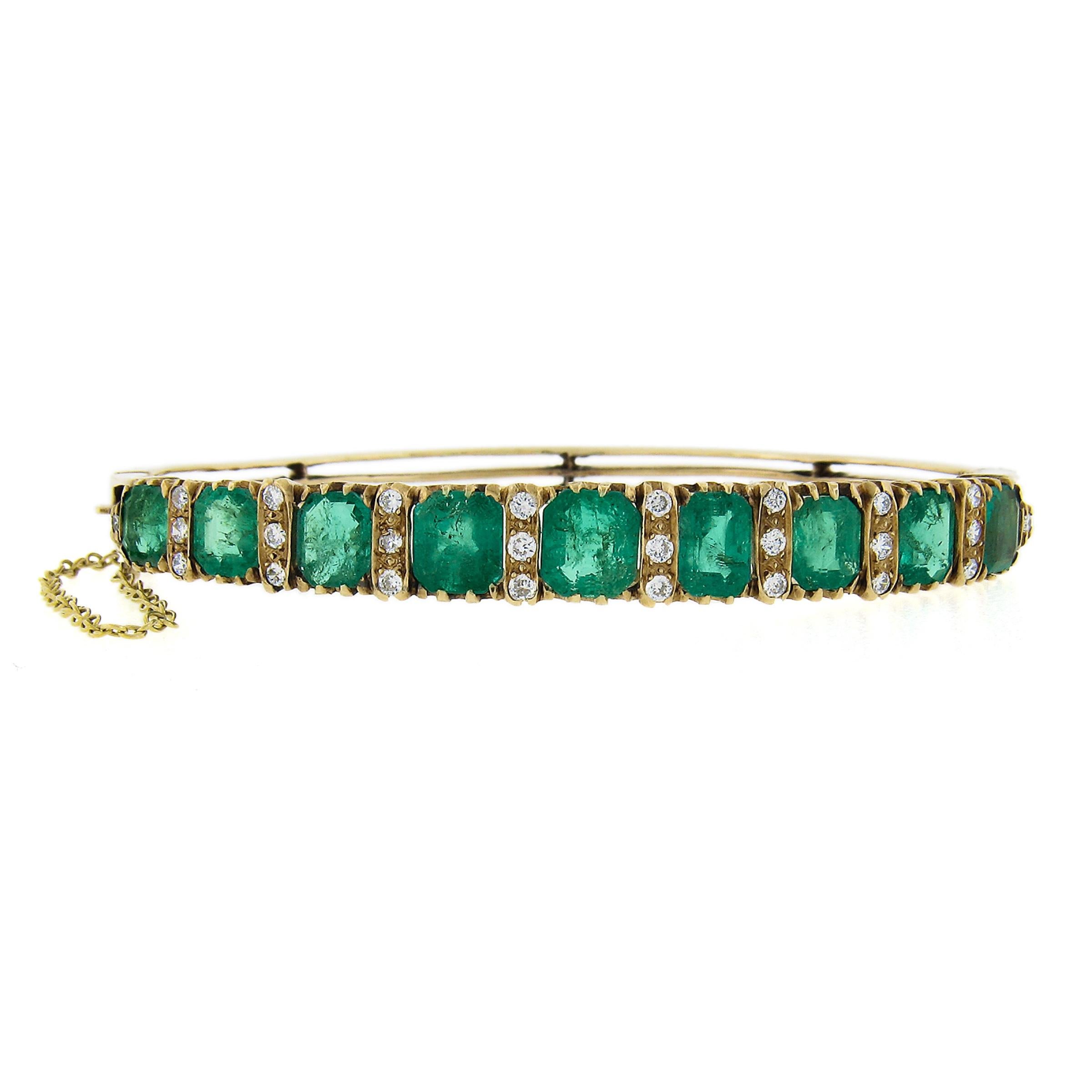 Octagon Cut Vintage Victorian Revival 14k Gold 14.60ct GIA Emerald & Diamond Bangle Bracelet For Sale