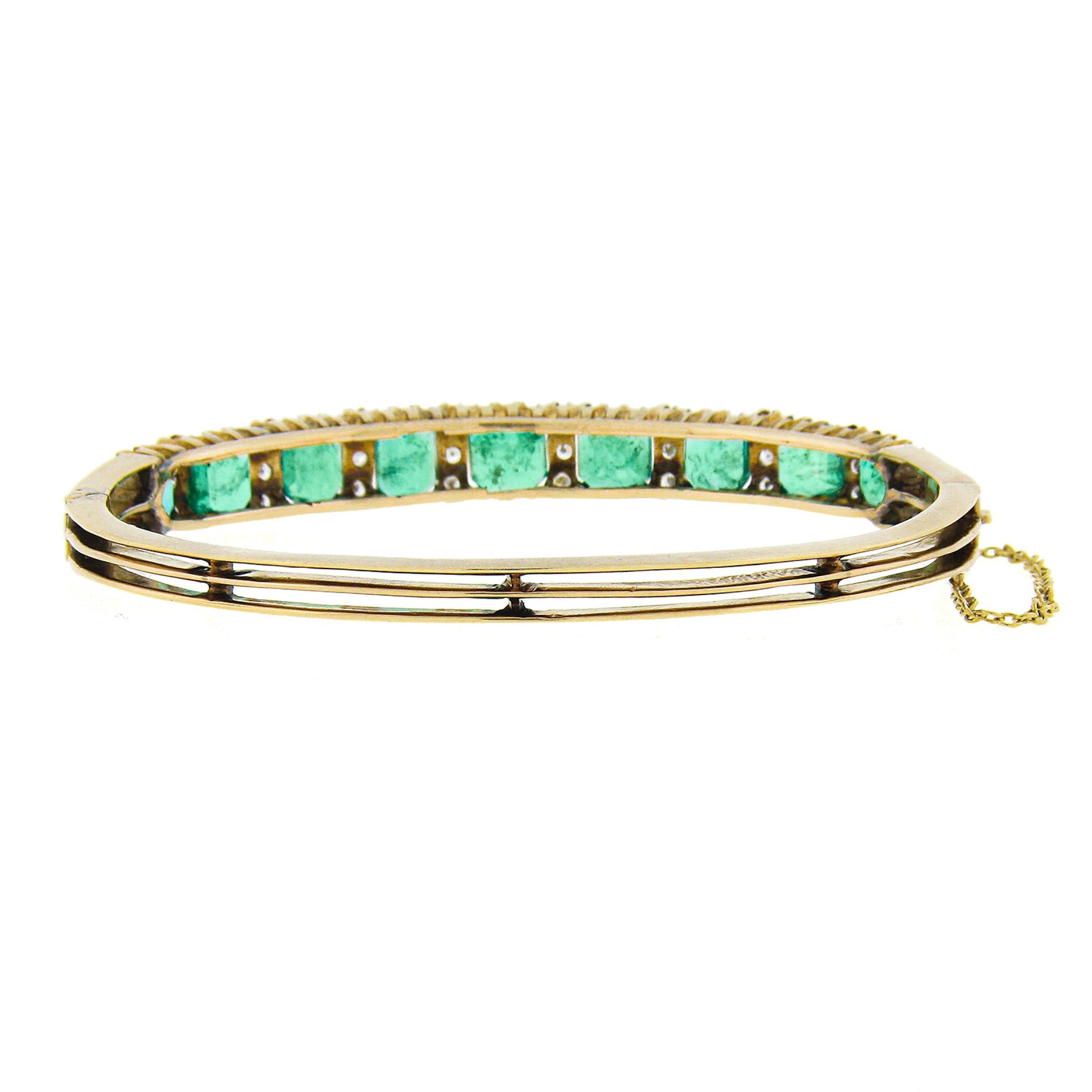Women's or Men's Vintage Victorian Revival 14k Gold 14.60ct GIA Emerald & Diamond Bangle Bracelet For Sale