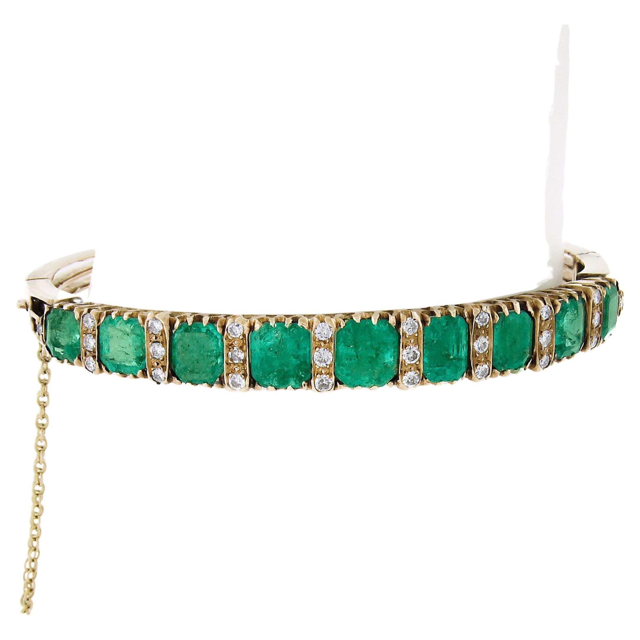 Vintage Victorian Revival 14k Gold 14.60ct GIA Emerald & Diamond Bangle Bracelet For Sale