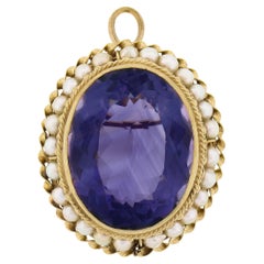 Pendentif broche vintage de style néo- victorien en or 14 carats avec cadre en perles et améthyste ovale 30 carats
