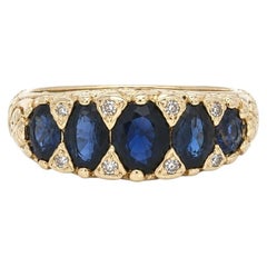 Vintage Victorian Revival 14k Gold 5 Oval Sapphire w/ Diamond Scroll Work Ring