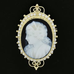 Vintage Victorian Revival 14k Gold Carved Hardstone & Pearl Halo Brooch Pendant