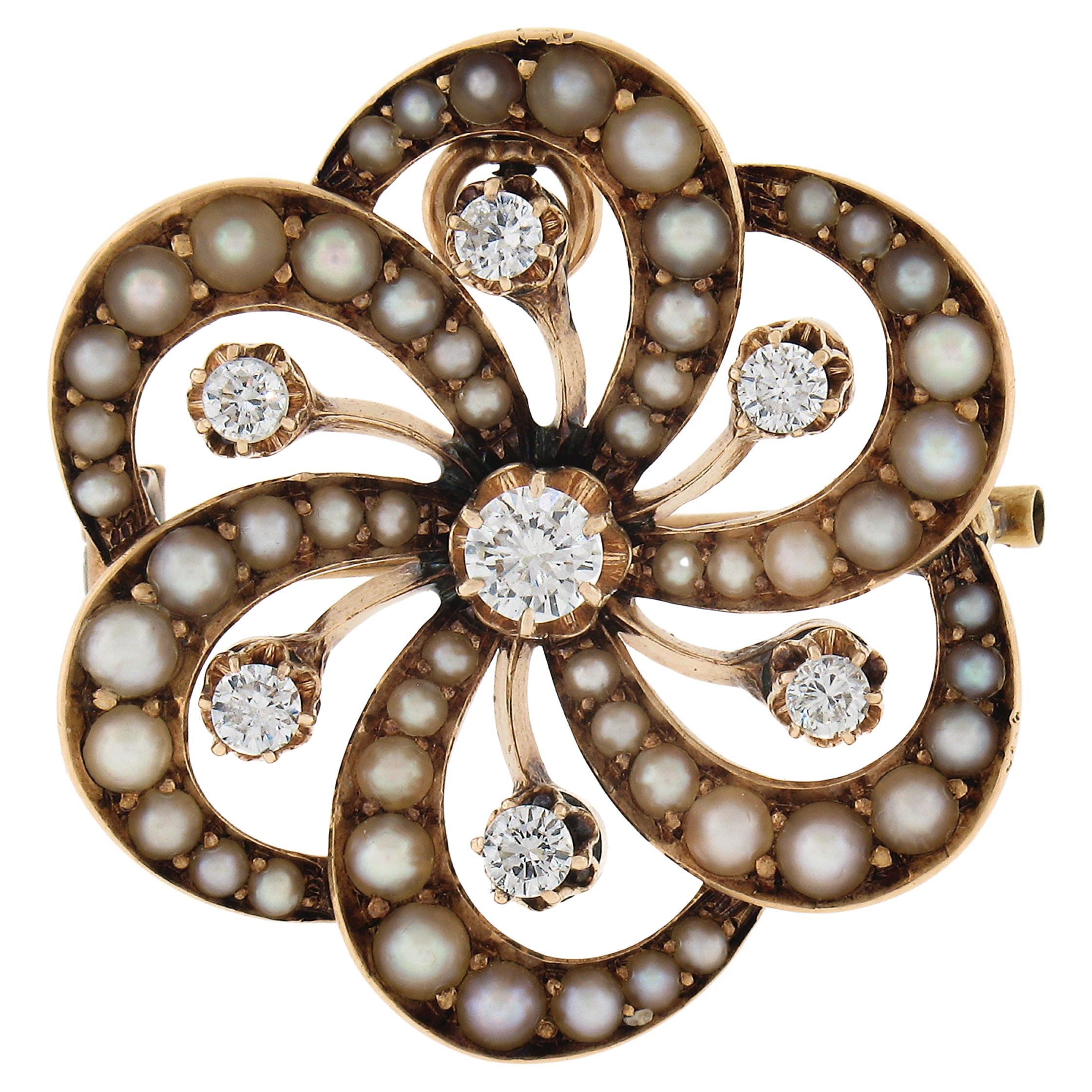 Vintage Victorian Revival 14k Gold Diamond Seed Pearl Flower Pin Brooch Pendant