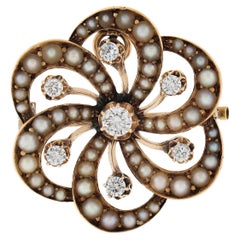 Retro Victorian Revival 14k Gold Diamond Seed Pearl Flower Pin Brooch Pendant