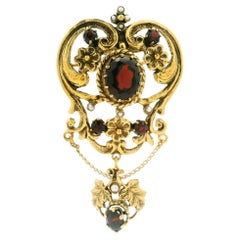 Vintage Victorian Revival 14k Gold Garnet Seed Pearl Foliage Brooch Pendant