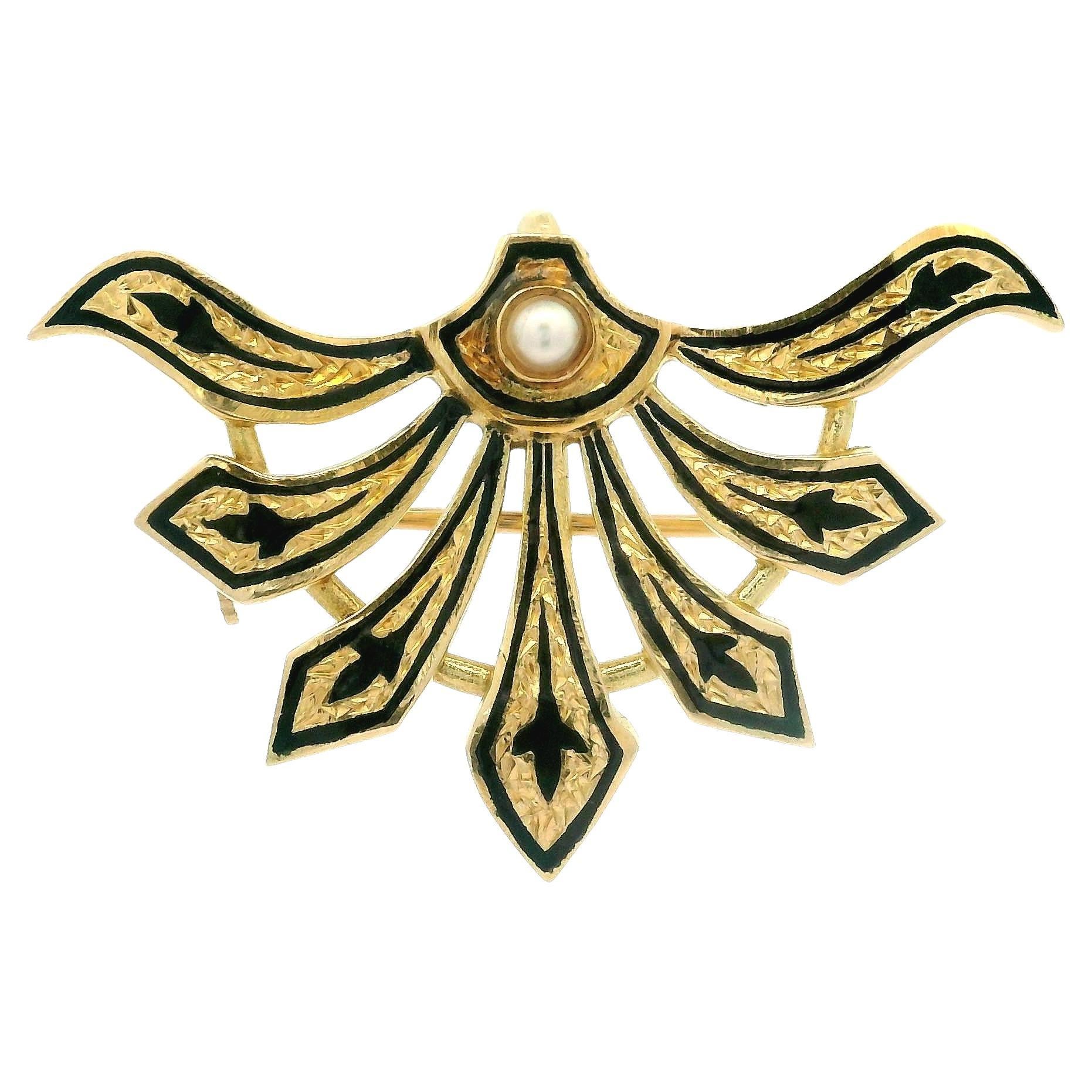 Vintage Victorian Revival 14k Gold Pearl Black Enamel Mourning Brooch Pendentif
