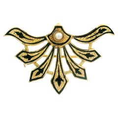 Vintage Victorian Revival 14k Gold Pearl Black Enamel Mourning Brooch Pendentif