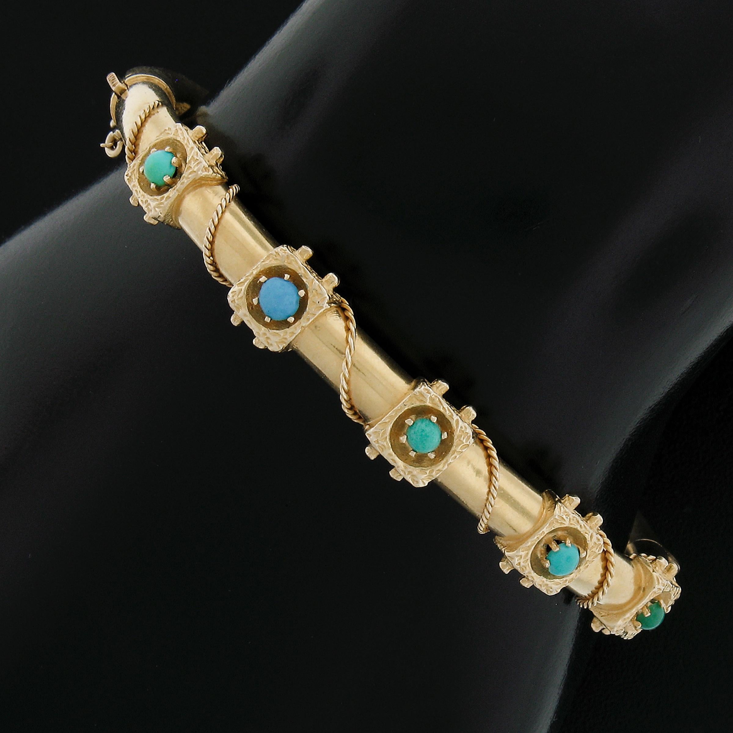 --Stone(s):--
(5) Natural Genuine Turquoise - Round Cabochon Cut - Prong Set - Natural Variation in Colors - 2.6mm to 3.1mm (approx.) 

Material: 14k Solid Yellow Gold
Weight: 12.74 Grams
Chain Length:	Will fit up to a 6.5 inch wrist (inside