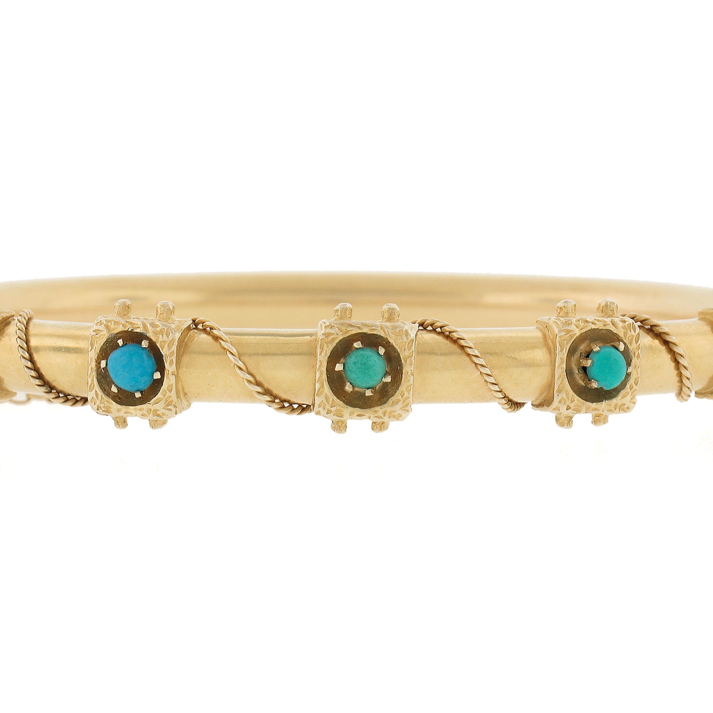 Cabochon Vintage Victorian Revival 14k Gold Turquoise Twisted Wire Hinged Bangle Bracelet