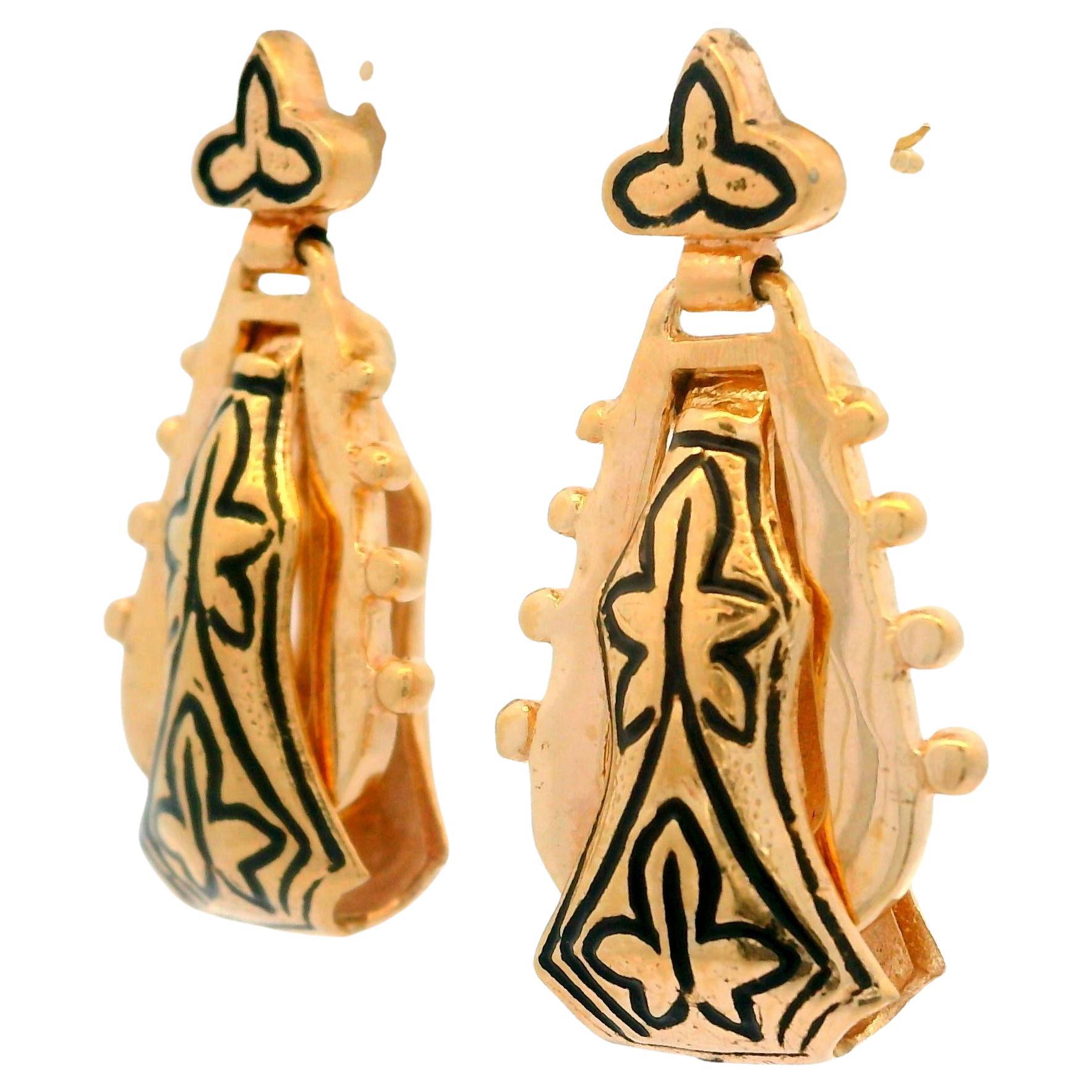 Vintage Victorian Revival 14k Rosy Yellow Gold Black Enamel Dangle Drop Earrings