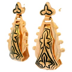 Vintage Victorian Revival 14k Rosy Yellow Gold Black Enamel Dangle Drop Earrings