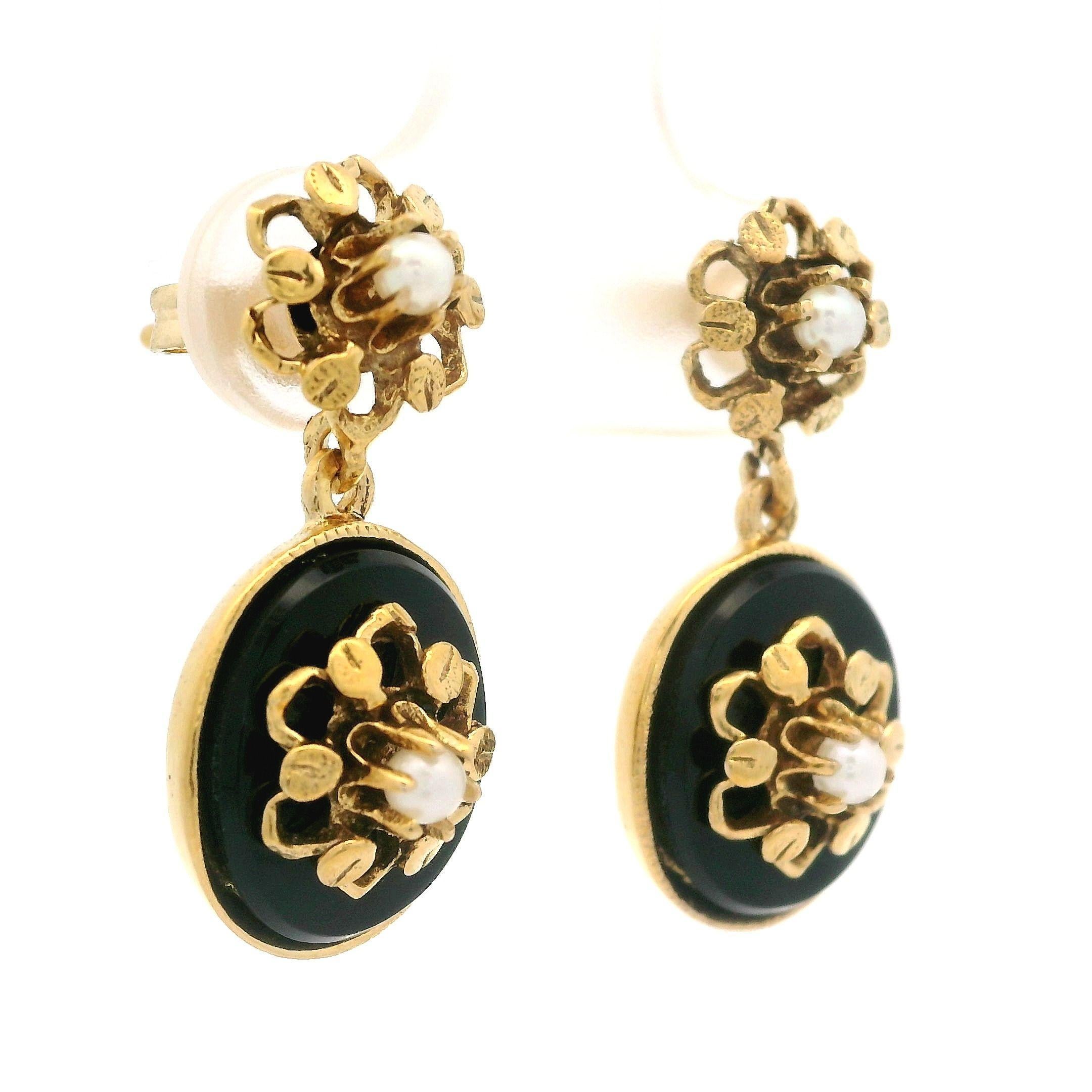 Oval Cut Vintage Victorian Revival 14k Yellow Gold Black Onyx & Pearl Drop Dangle Earring For Sale