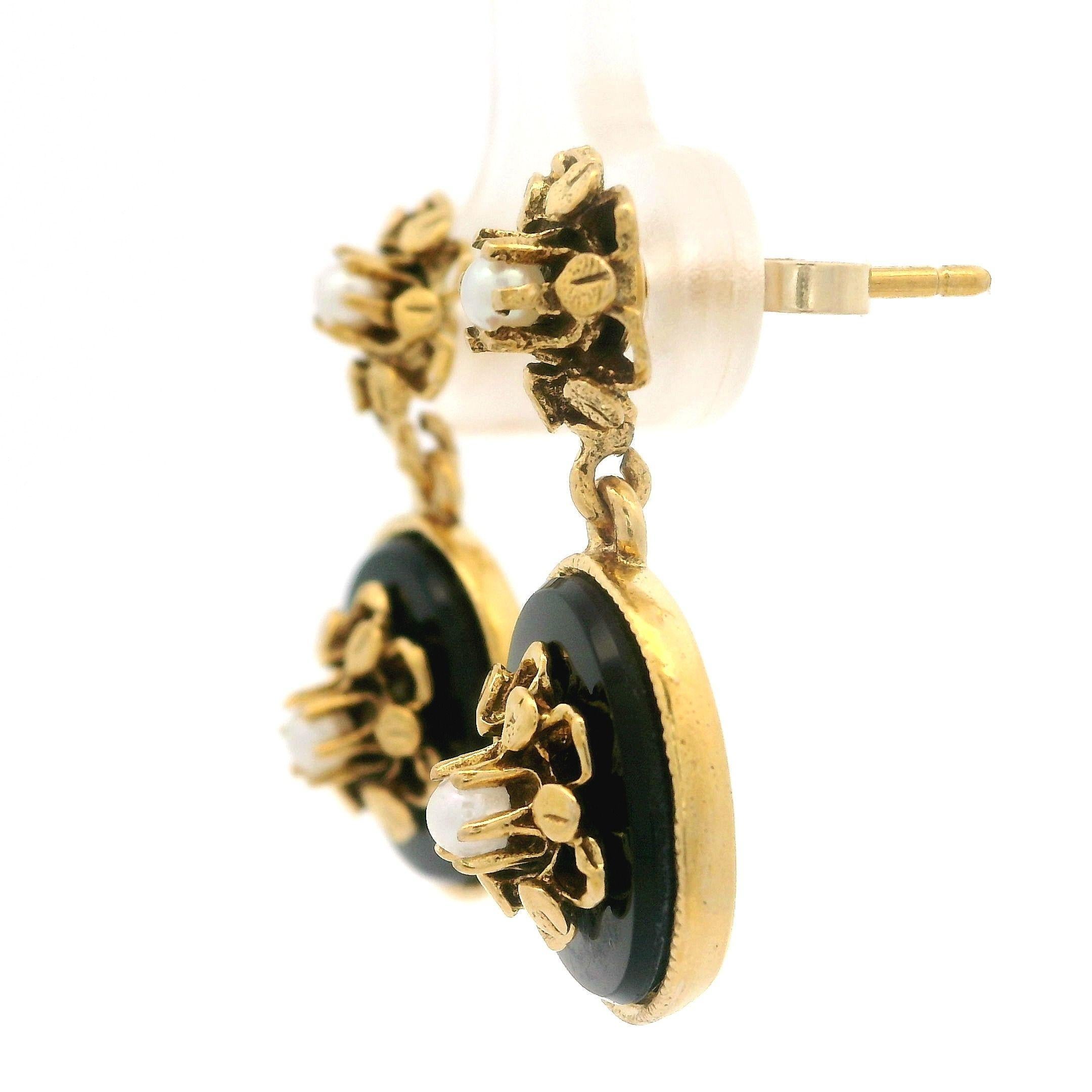 Women's Vintage Victorian Revival 14k Yellow Gold Black Onyx & Pearl Drop Dangle Earring For Sale