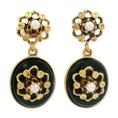 Orecchino a goccia vintage in oro giallo 14k con onice nera e perla