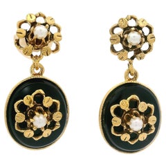 Vintage Victorian Revival 14k Yellow Gold Black Onyx & Pearl Drop Dangle Earring