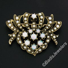 Vintage Victorian Revival 14K Yellow Gold Cabochon Opal Seed Pearl Brooch Pin