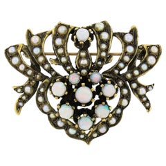 Vintage Victorian Revival 14K Yellow Gold Cabochon Opal Seed Pearl Brooch Pin