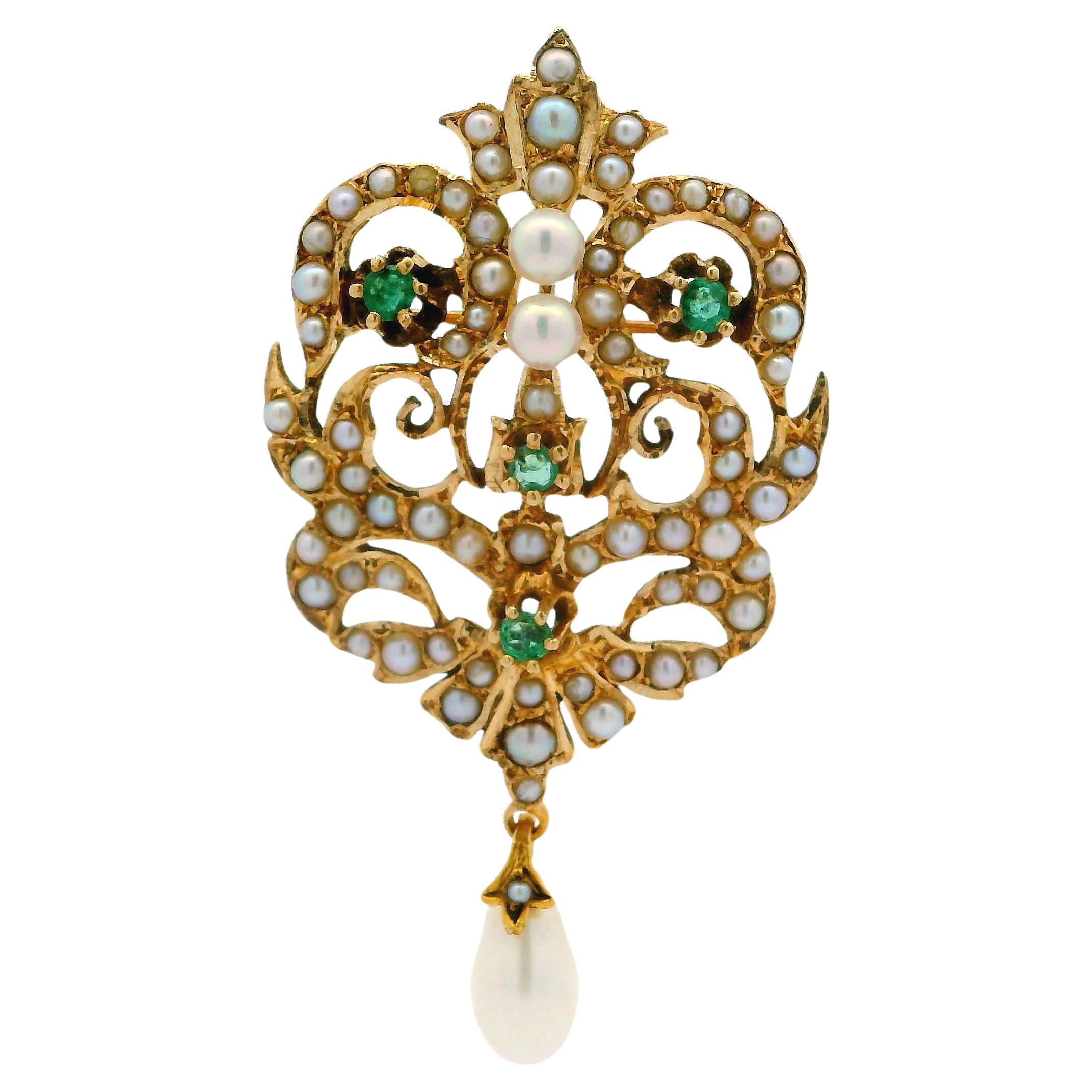 Vintage Victorian Revival 14k Yellow Gold Emerald Seed Pearl Pin Brooch Pendant