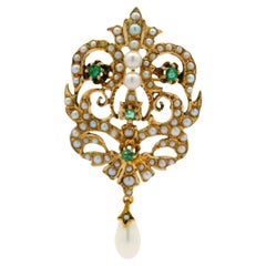 Vintage Victorian Revive 14k Yellow Gold Emerald Seed Pearl Brooch Pendentif