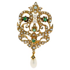 Vintage Victorian Revival 14k Yellow Gold Emerald Seed Pearl Pin Brooch Pendant