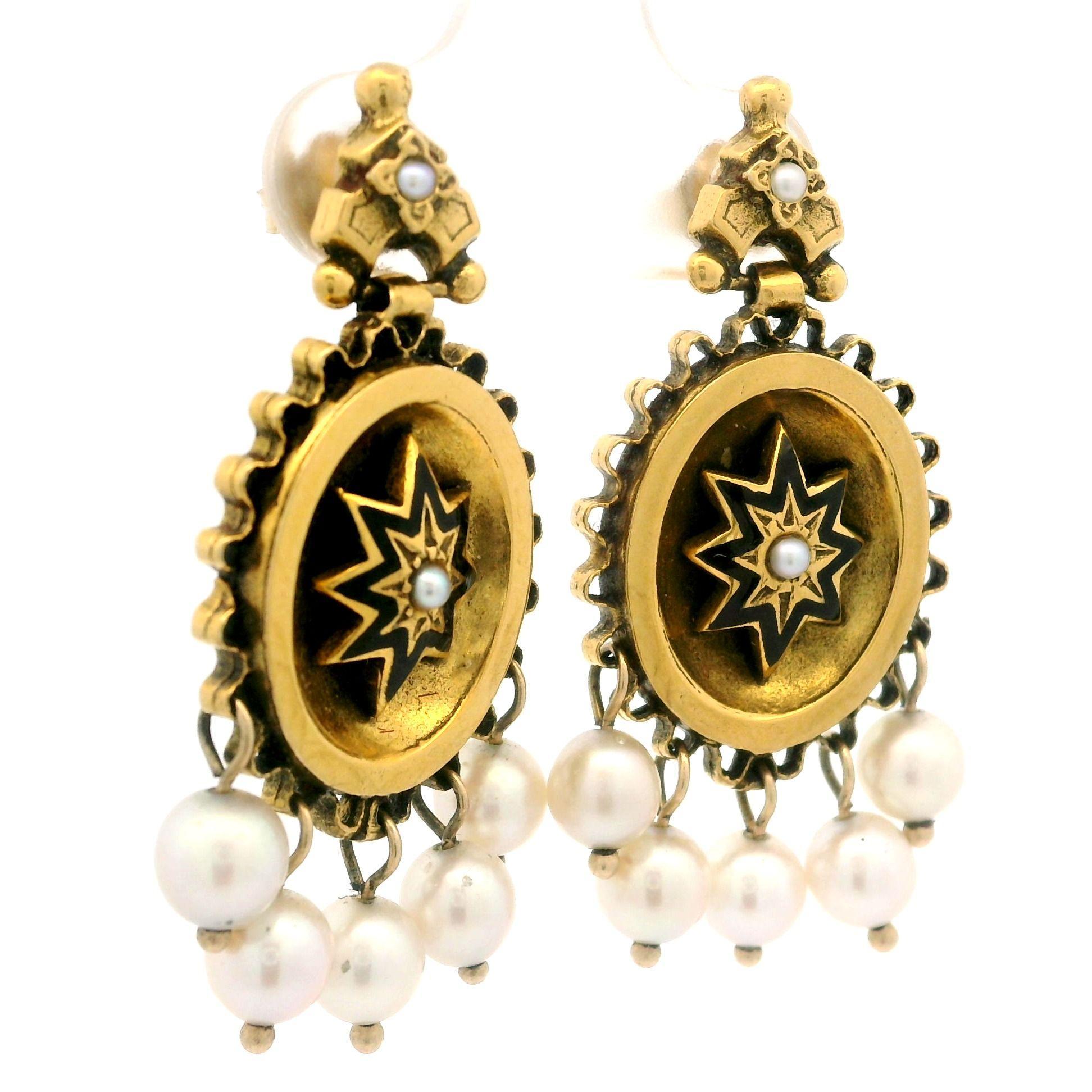 Round Cut Vintage Victorian Revival 14k Yellow Gold Pearl & Black Enamel Dangle Earrings For Sale