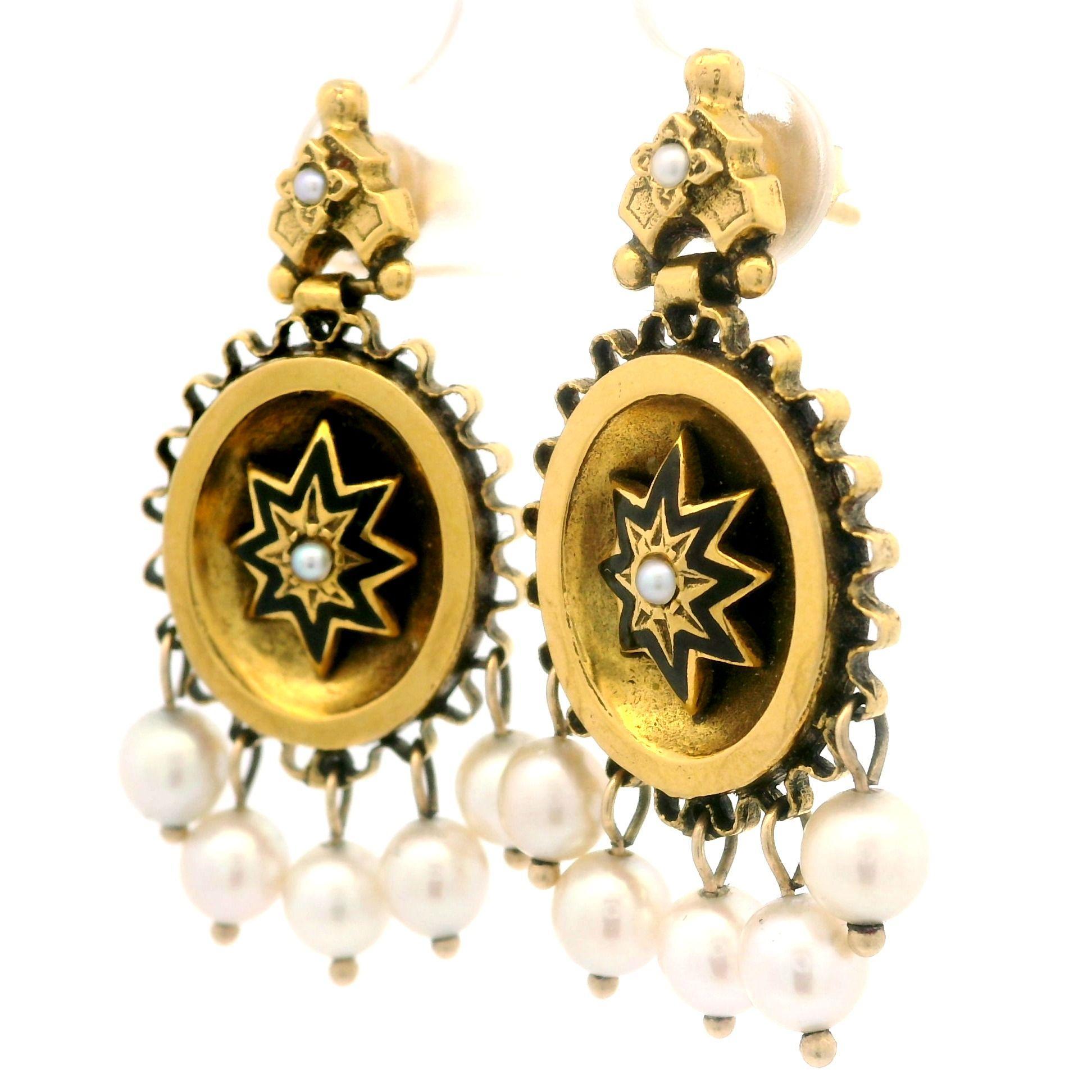 Vintage Victorian Revival 14k Yellow Gold Pearl & Black Enamel Dangle Earrings In Good Condition For Sale In Montclair, NJ