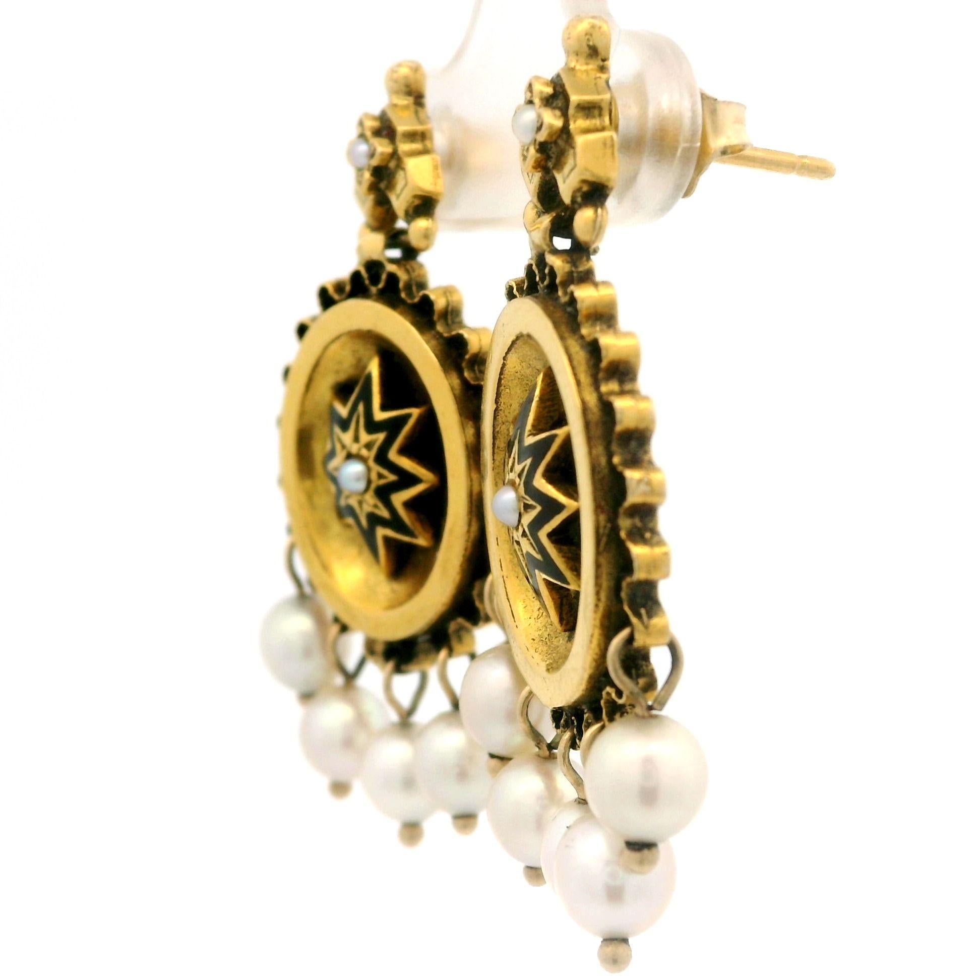 Women's Vintage Victorian Revival 14k Yellow Gold Pearl & Black Enamel Dangle Earrings For Sale
