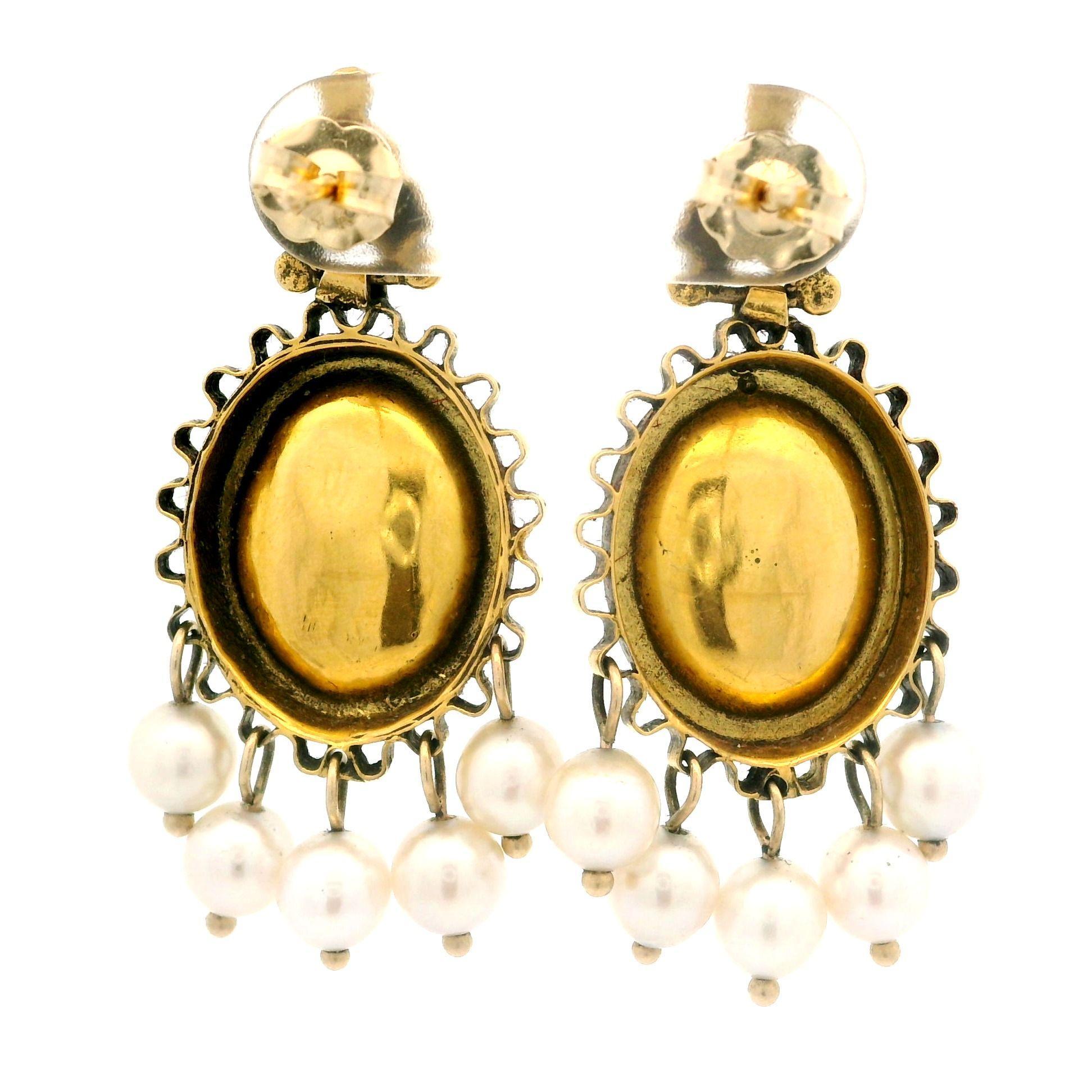Vintage Victorian Revival 14k Yellow Gold Pearl & Black Enamel Dangle Earrings For Sale 1