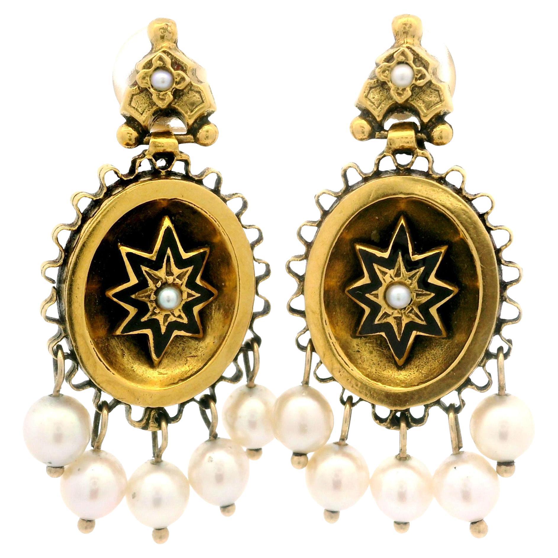 Vintage Victorian Revival 14k Yellow Gold Pearl & Black Enamel Dangle Earrings