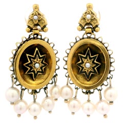 Vintage Victorian Revival 14k Yellow Gold Pearl & Black Enamel Dangle Earrings