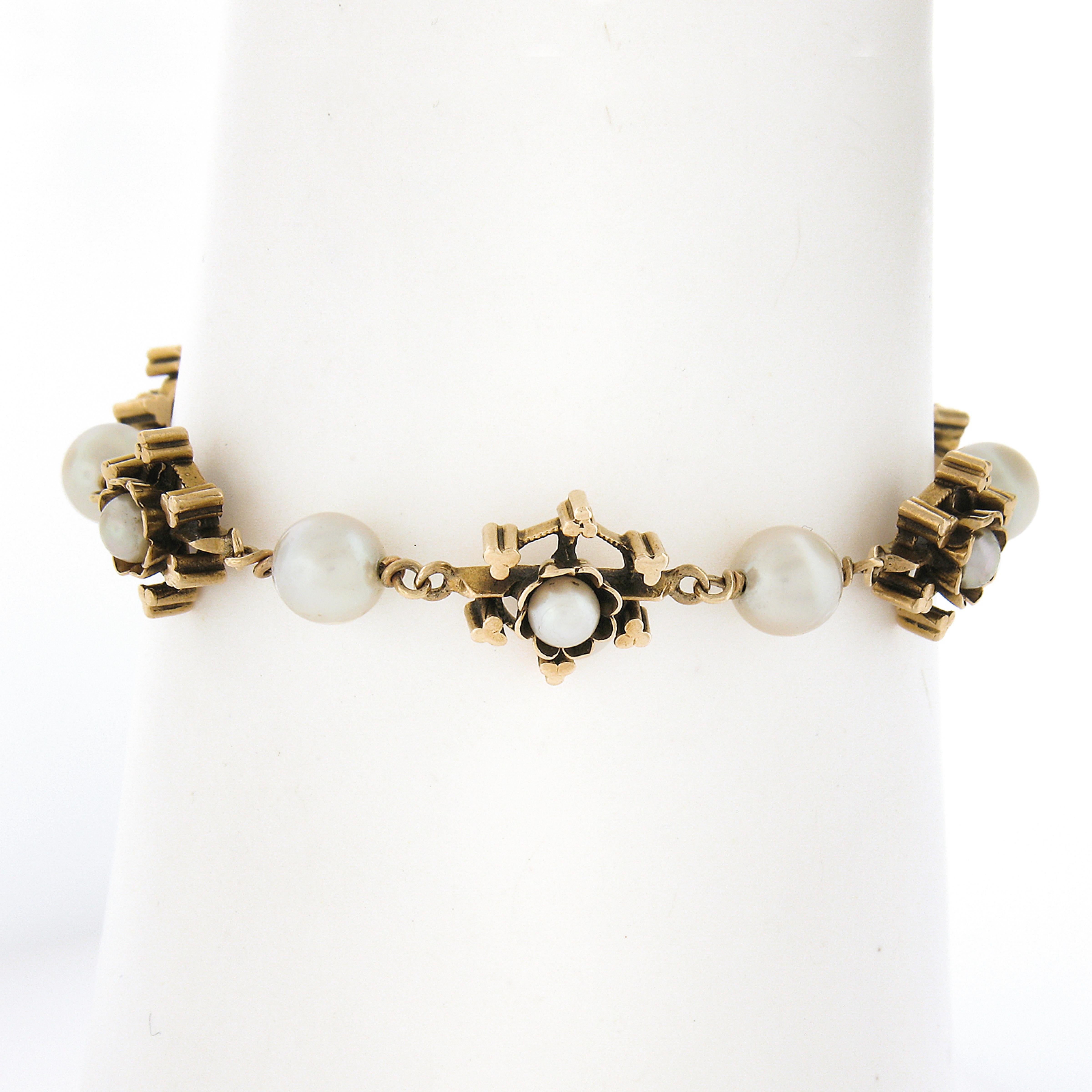 -Stone(s):--
(11) Genuine Cultured Pearls - Round Beads - White color - 4.2-6.7mm (approx.)

Material: 14k Solid Yellow Gold
Weight: 12.66 Grams
Size: Measures 6.75 Inches next to a Ruler. Will Comfortably Fits a 6 Inch wrist (fitted on a