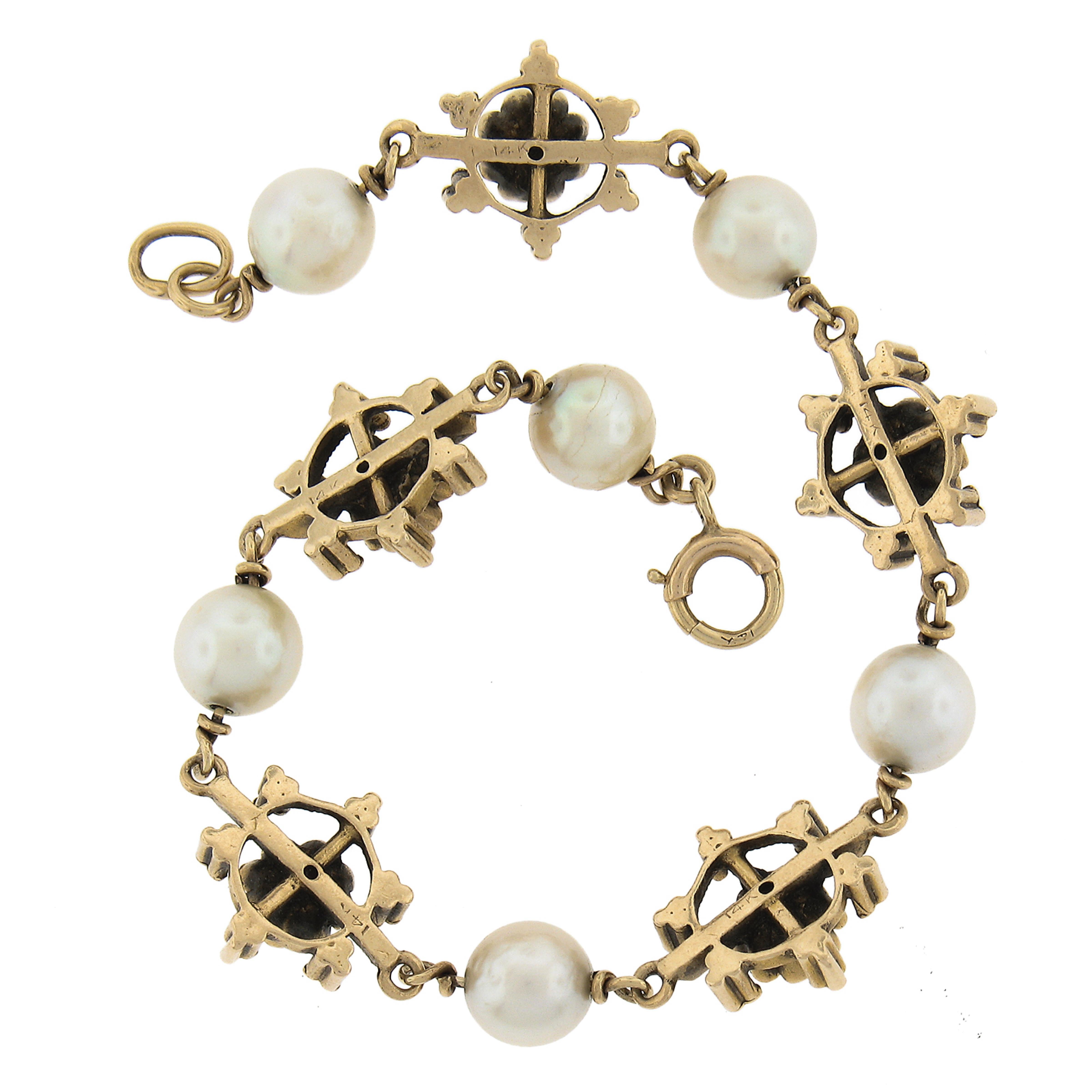 Women's Vintage Victorian Revival 14k Yellow Gold Pearl Snowflake Floral Link Bracelet For Sale