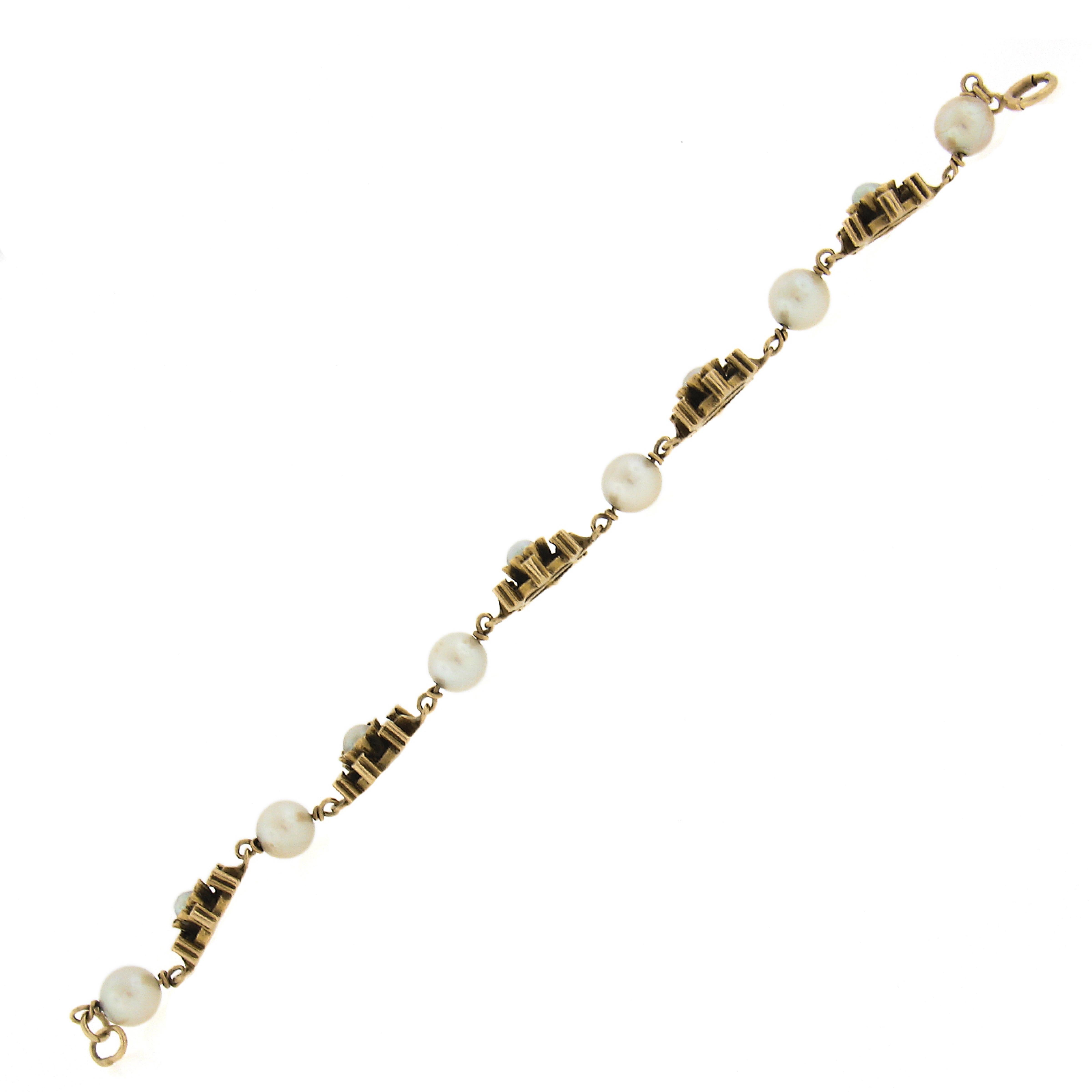 Vintage Victorian Revival 14k Yellow Gold Pearl Snowflake Floral Link Bracelet For Sale 1