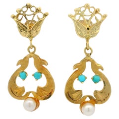 Vintage Victorian Revival 14k Yellow Gold Pearl Turquoise Dangle Drop Earrings