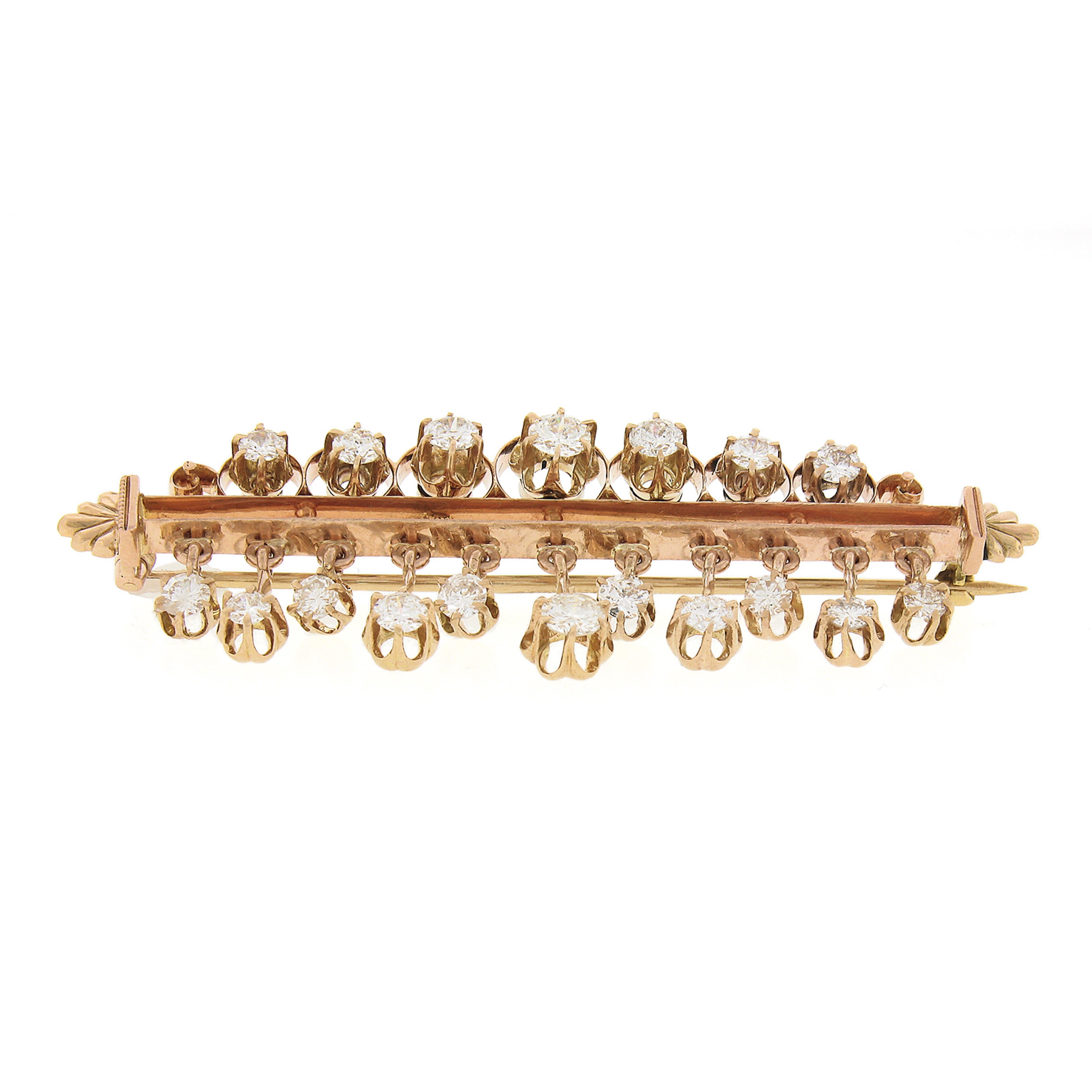 Vintage Victorian Revival 18k Rosy Gold 3.26ctw Round Diamond Dangle Pin Brooch For Sale 1